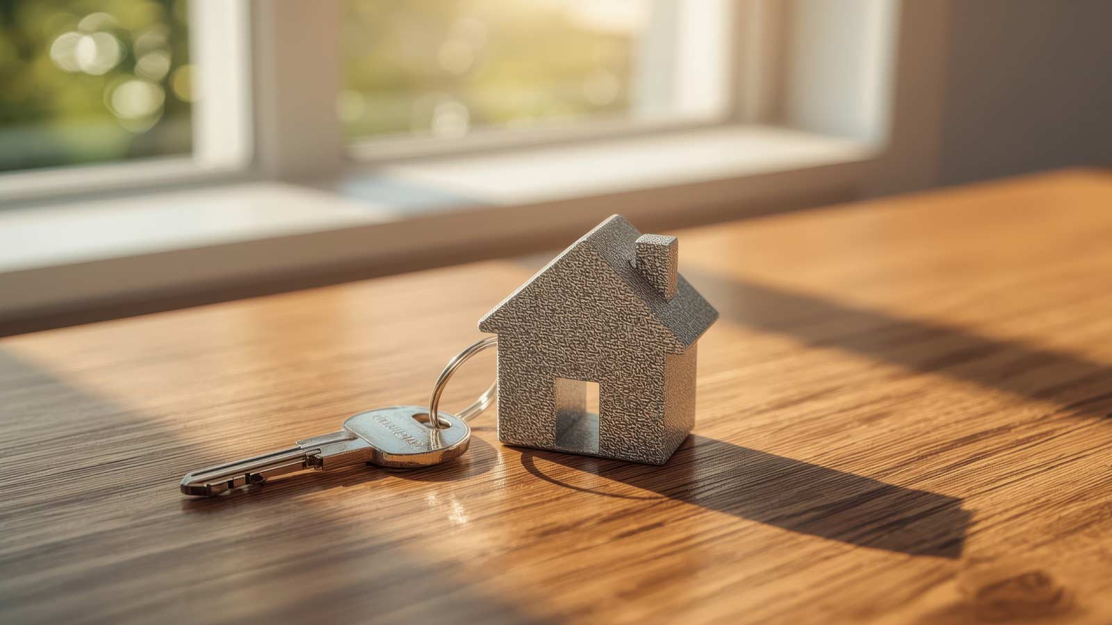 House keys with miniature house keyring on wooden table – symbolising downsizing your home for retirement